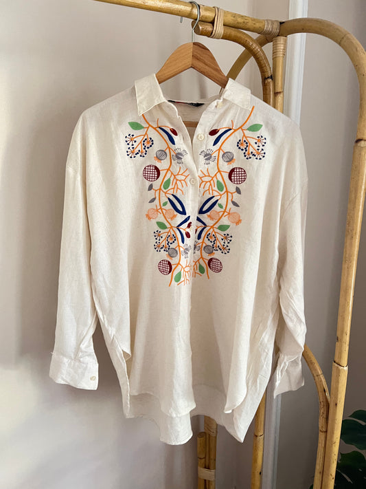 Embroidered Blossoms Linen Oversized Shirt