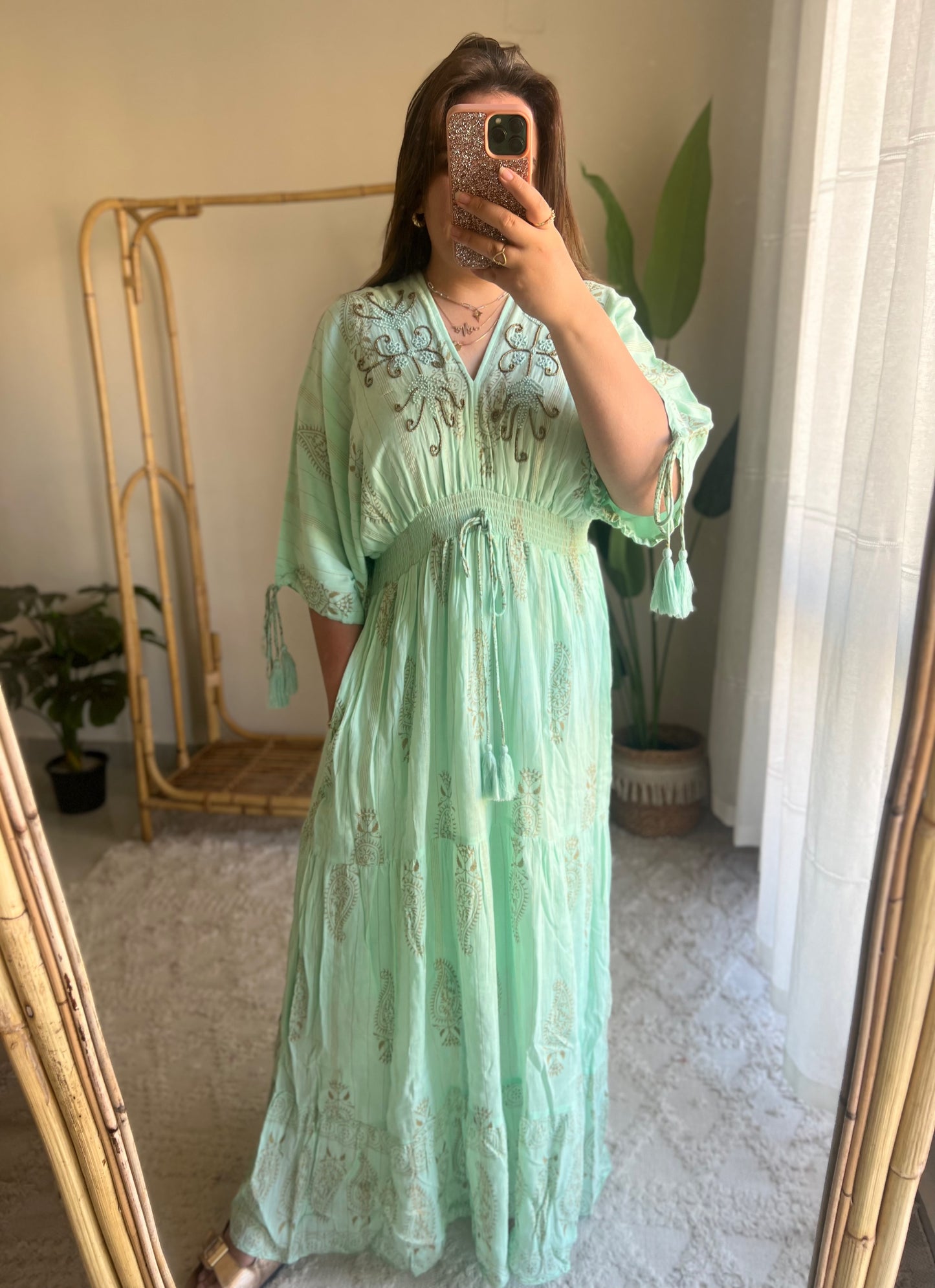 Italian Turquoise Embroidered Dress With Pockets