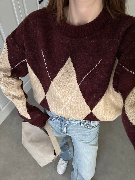 Beige X Burgundy Rhombus Pullover