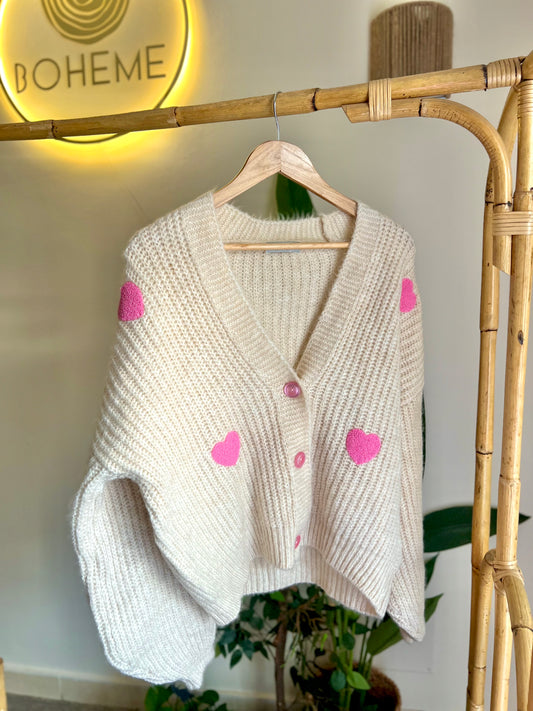 Beige X Pink Hearts Triko Cardigan