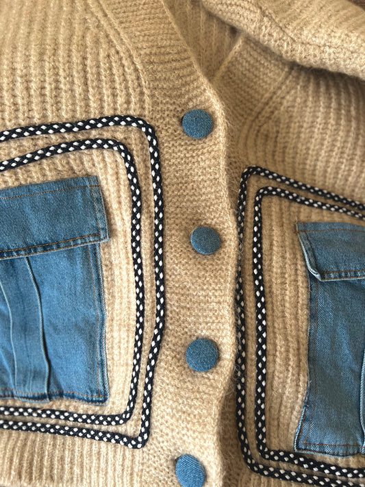 Beige Triko X Denim Cardigan With Pockets