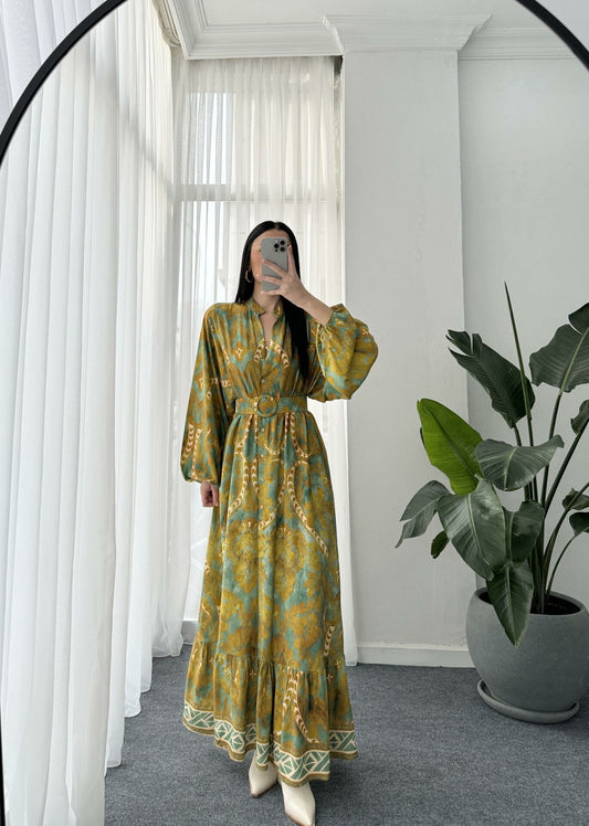 Green X Yellow Patterned Belted Dress