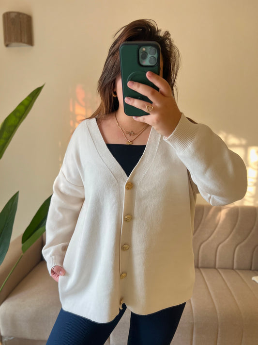 Cream Oversized Cardigan With Golden Buttons