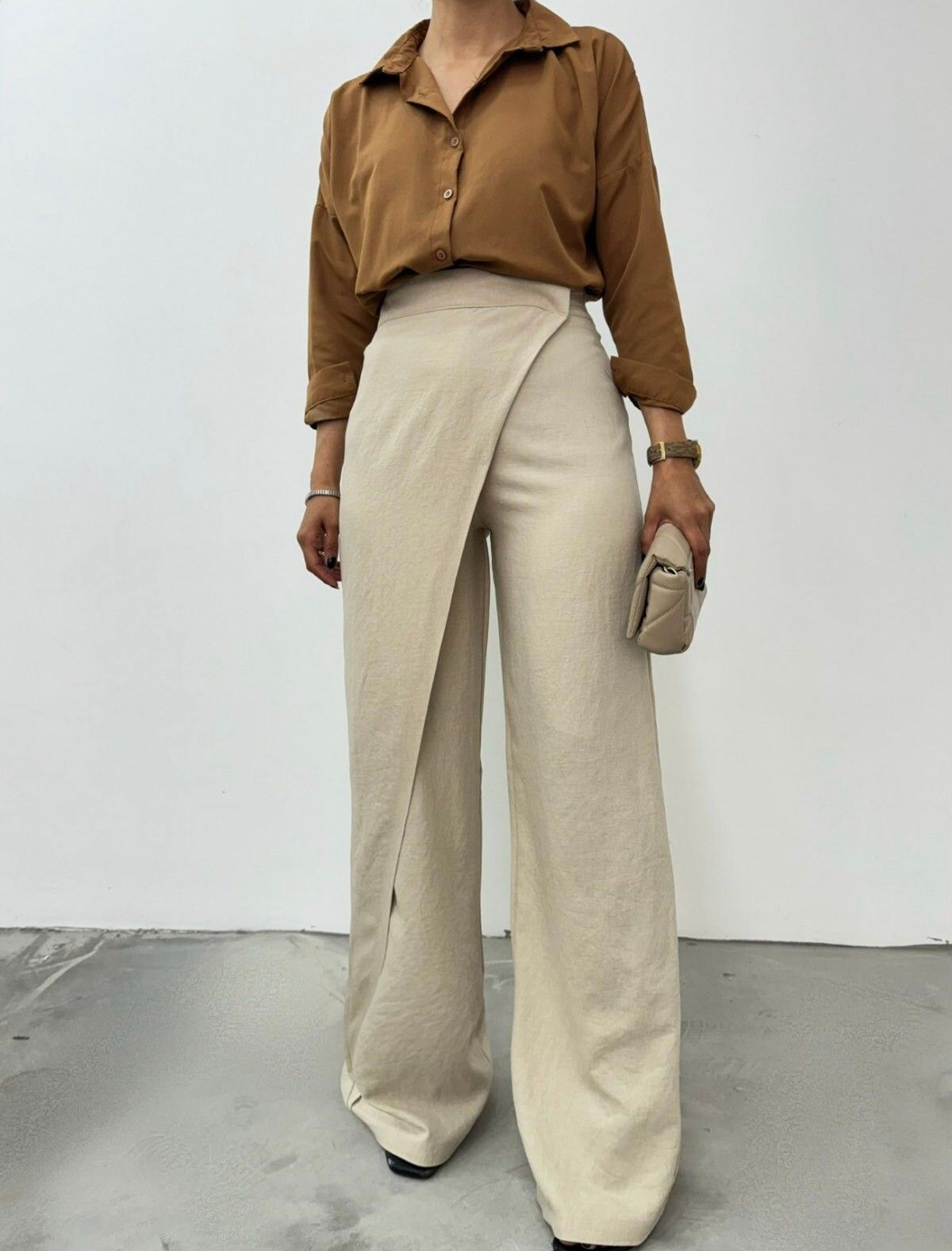 Beige Linen Wrapped Wide Leg Pants