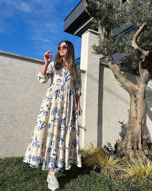 White x Blue Leaves Linen Dress