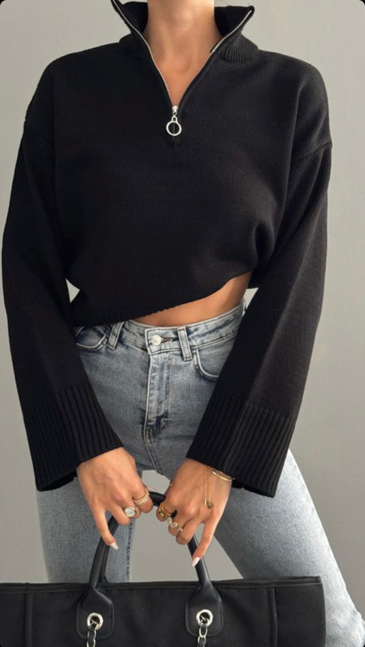 Black Half Zip Pullover With Bell Sleeves