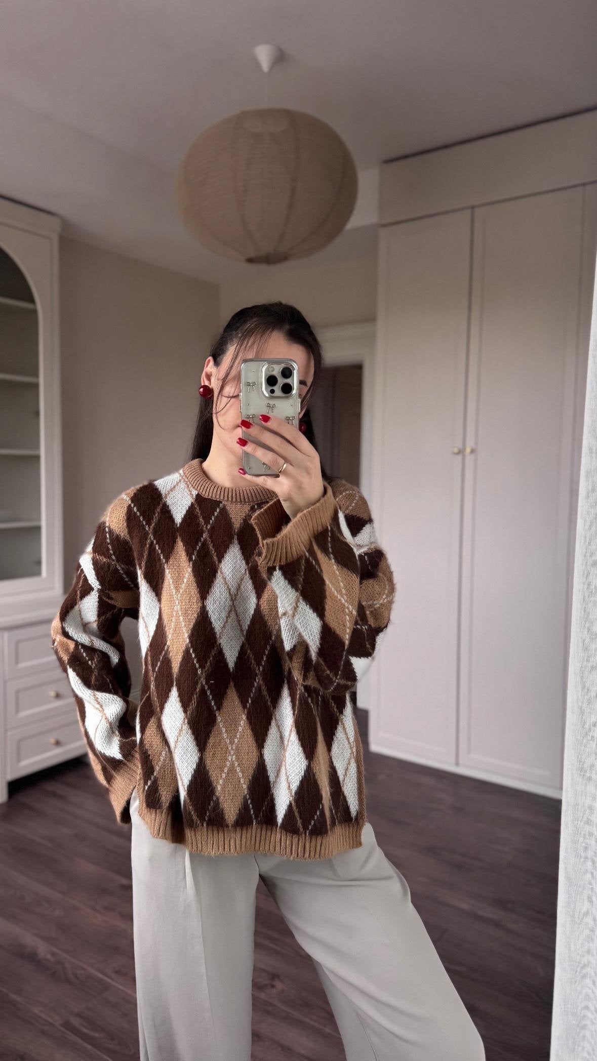 Brown X Beige Baklava Pullover With Slits