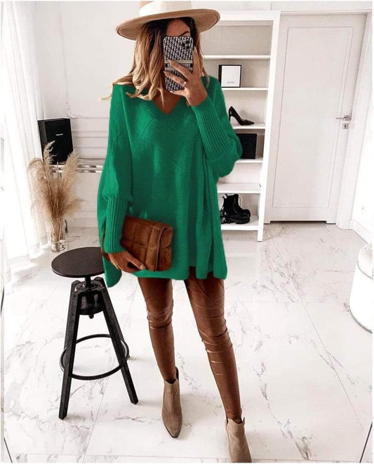 Green Oversized V Neck Pullover