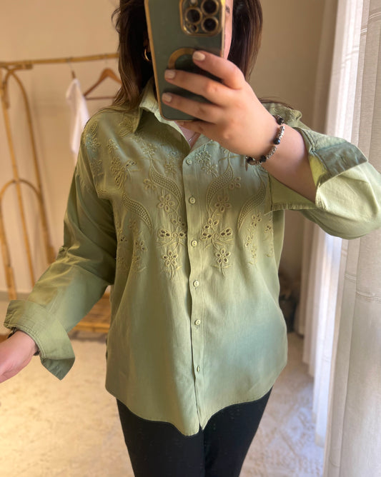 Olive Embroidered Cotton Shirt