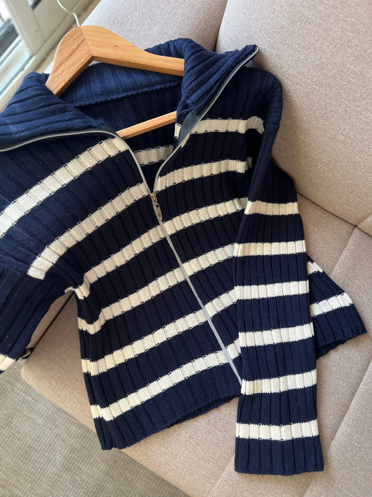 Navy & White Striped Zipper Triko Jacket