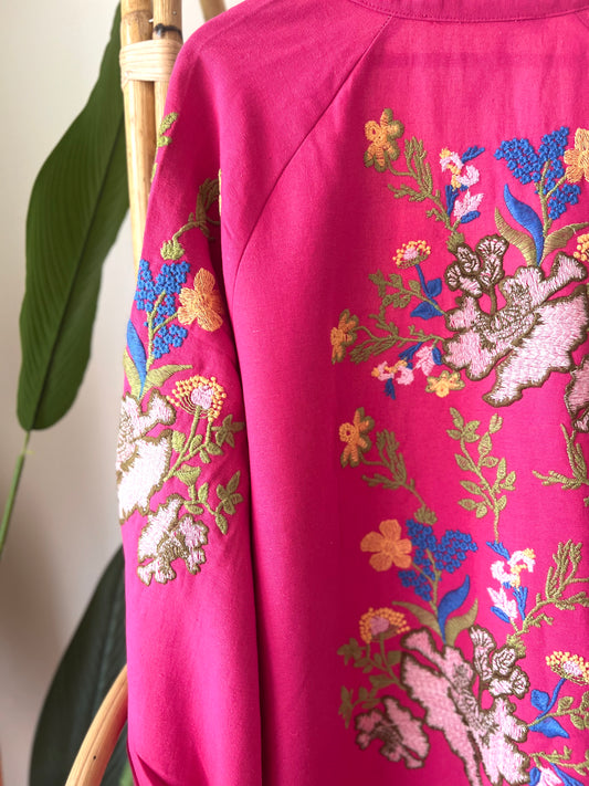 Premium Linen Embroidered Floral Fuchsia Kimono