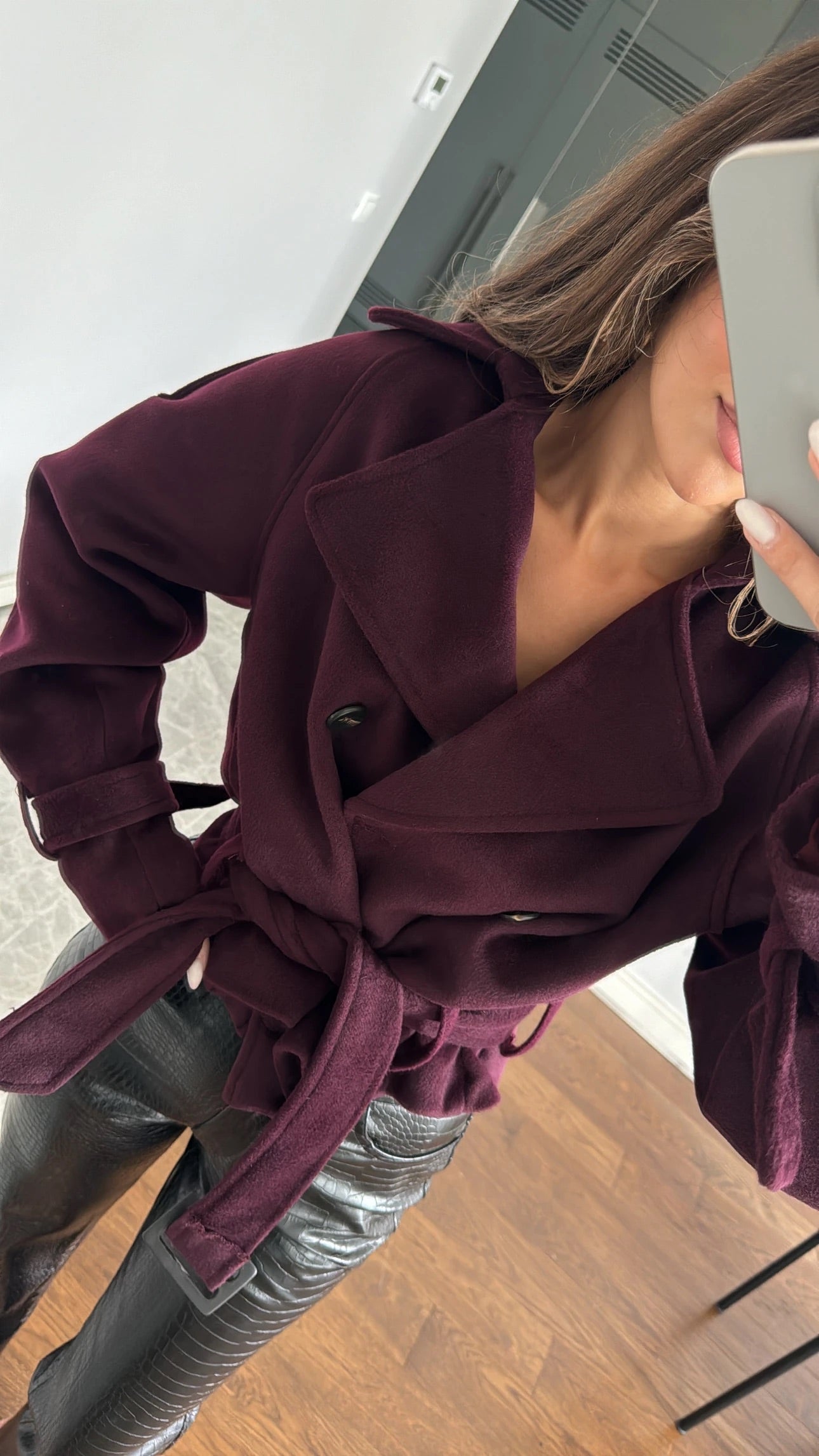 Burgundy Wool Belted Coat