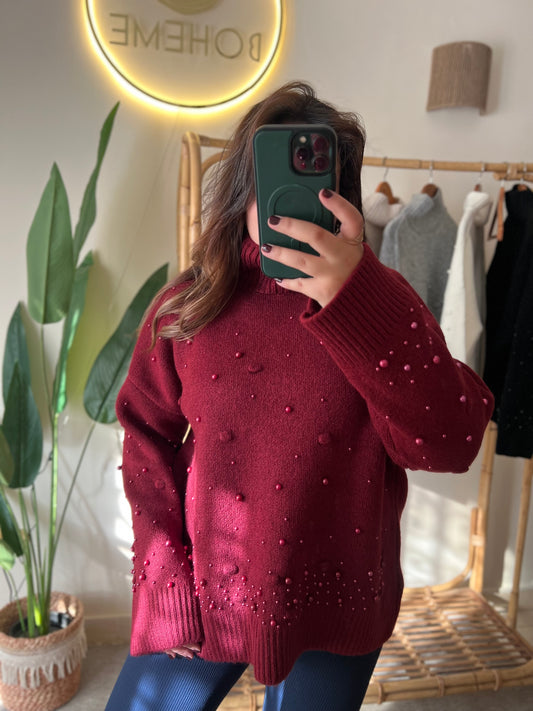 Burgundy Pearl Pompom Pullover