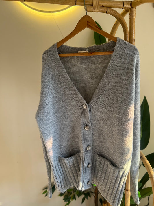 Grey Long Cardigan With Rhinestone Buttons