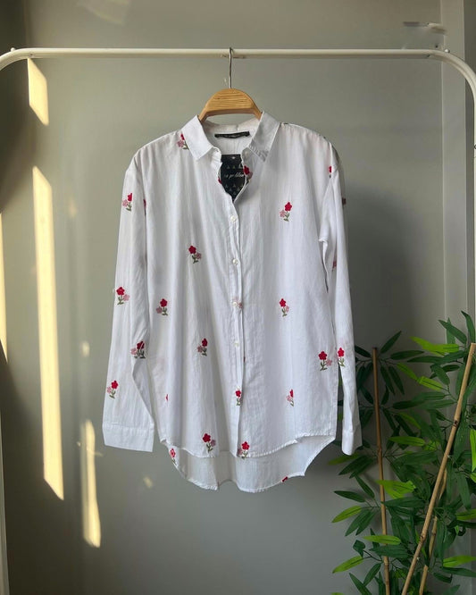 Embroidered Floral Red White Shirt