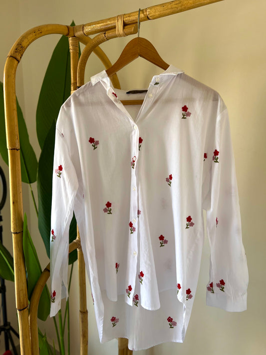 Embroidered Floral Red White Shirt