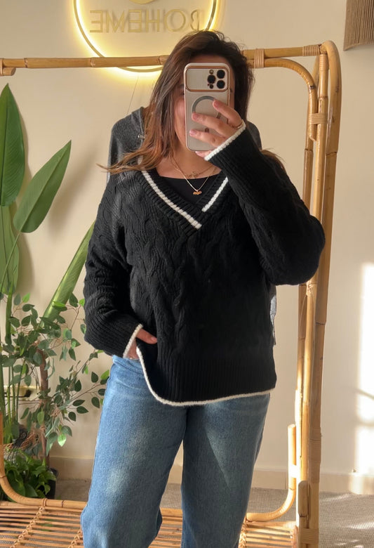 Black Striped V Neck Pullover