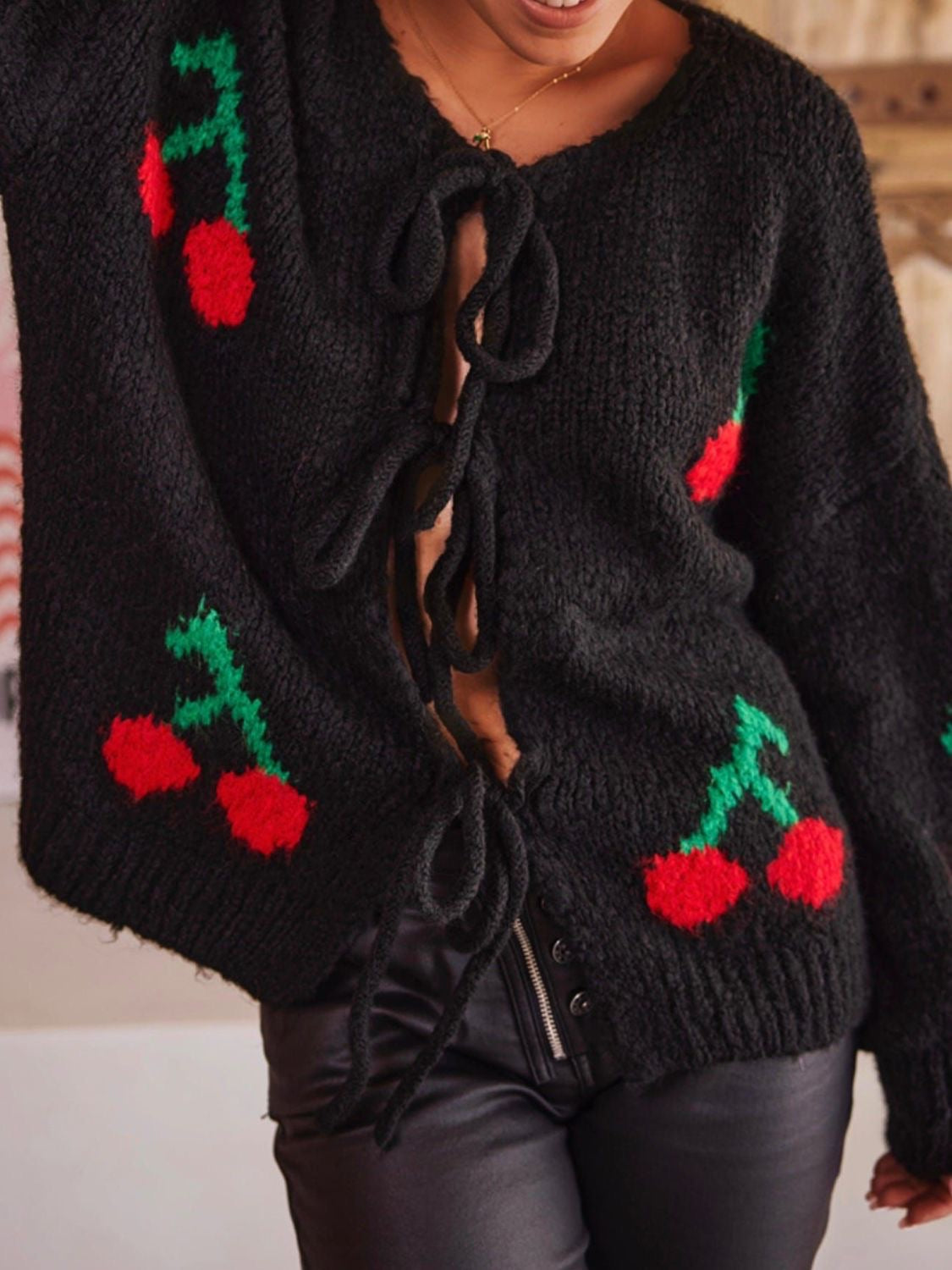 Cherry Black Cardigan With Tie Front Details