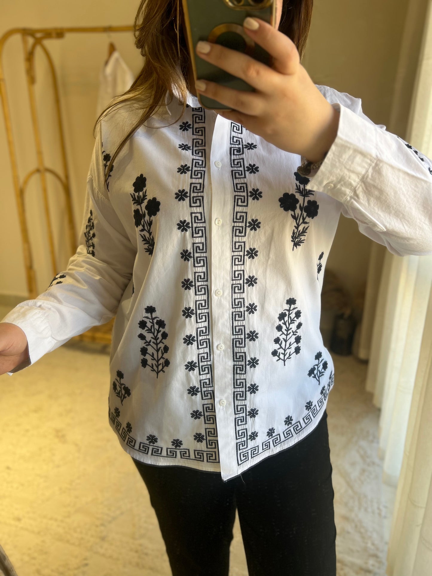 White X Navy Floral Embroidery Shirt
