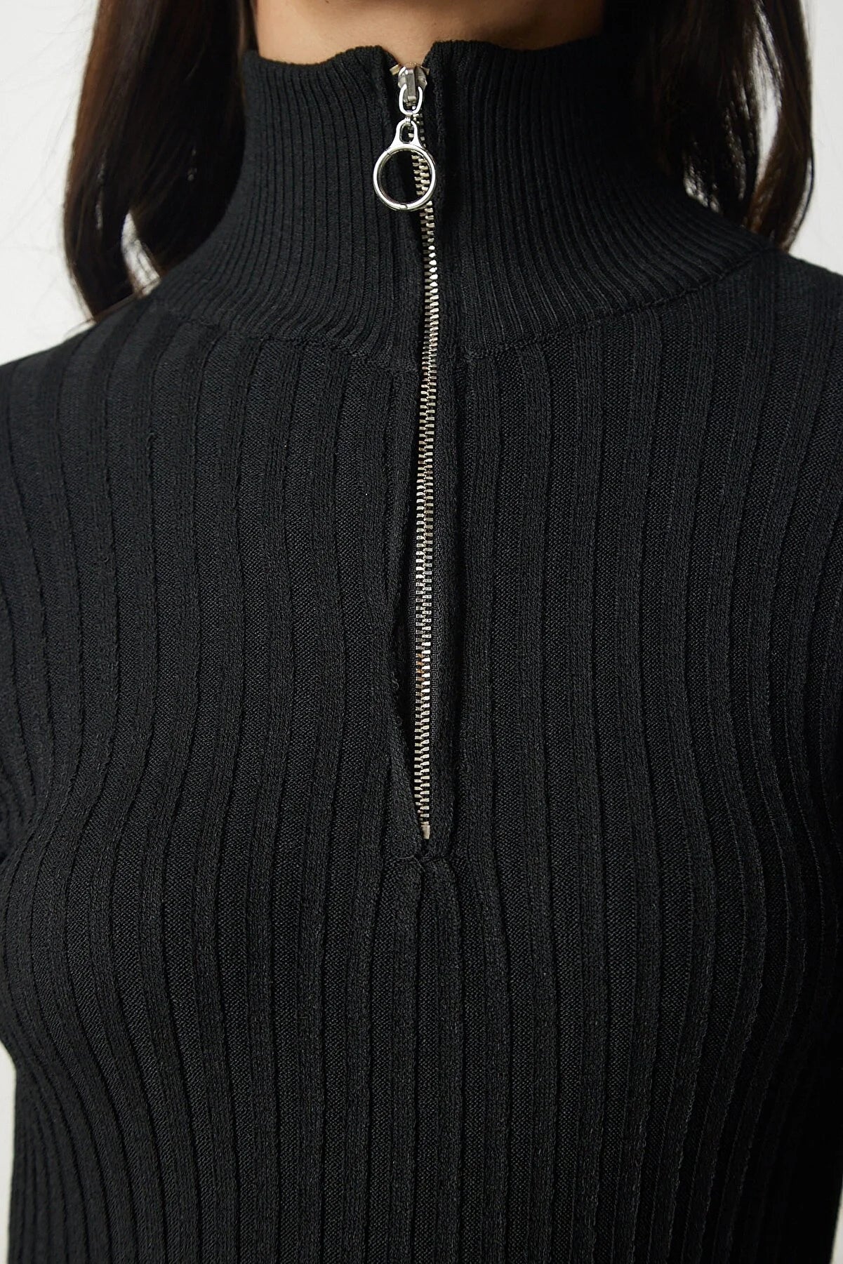 Zip Up Ribbed Black Pullover