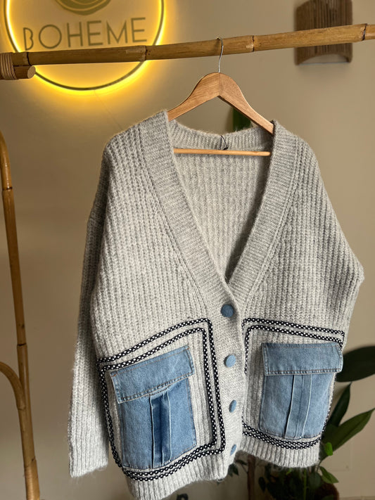 Grey Triko X Denim Cardigan With Pockets