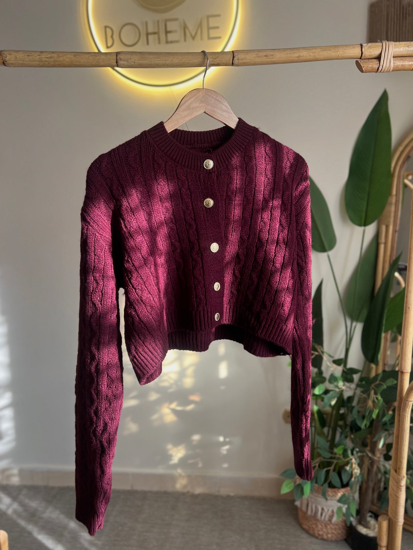 Burgundy Braided Cardigan With Golden Buttons