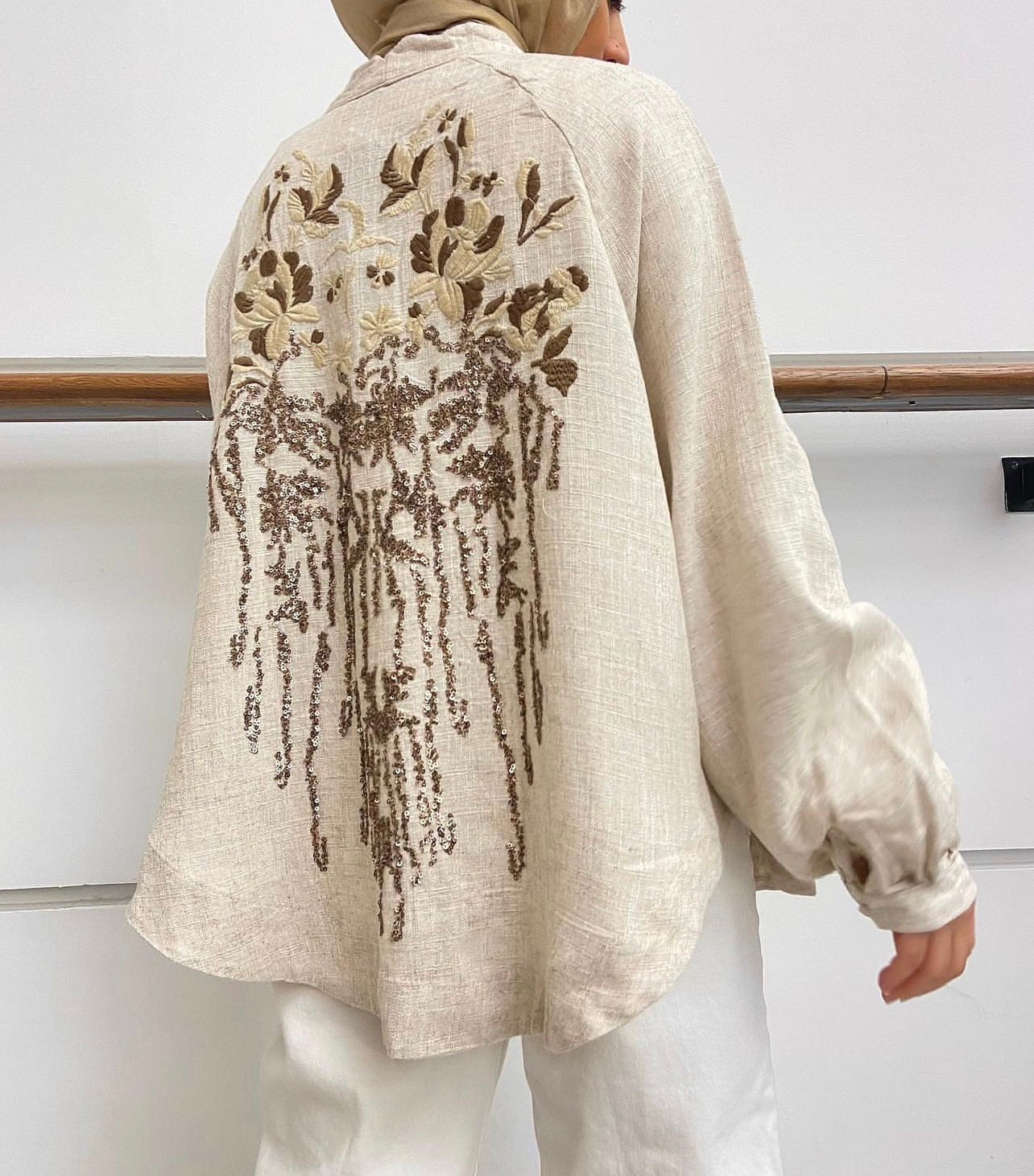 Embroidered Brown X Beige Linen Kimono