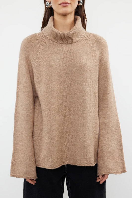 High Neck Camel Pullover With Bell Sleeves