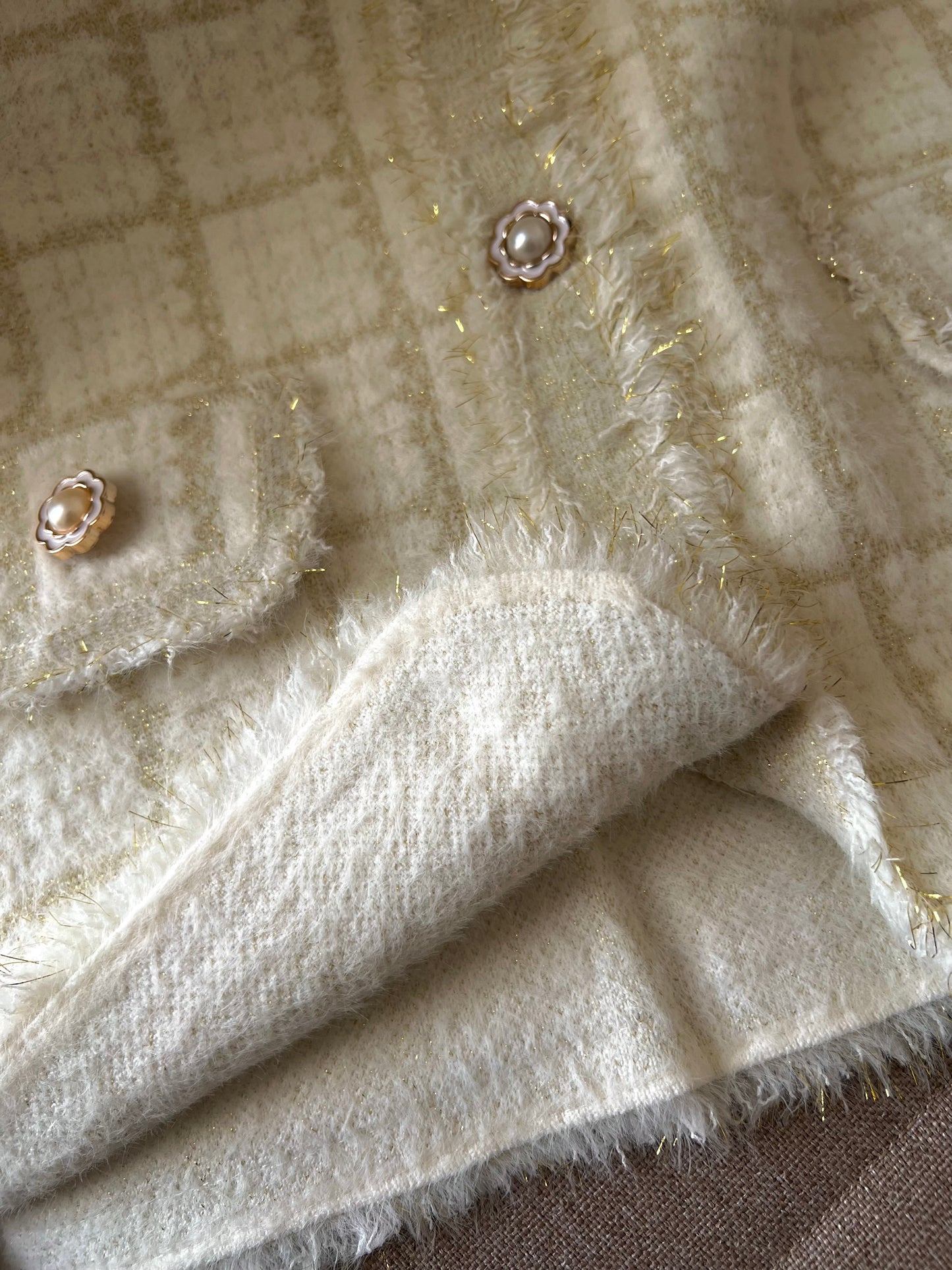 Italian Tweed Blazer Jacket With Pearl Buttons & Fur