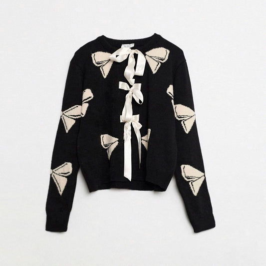 Black Bow Cardigan With Front Ties