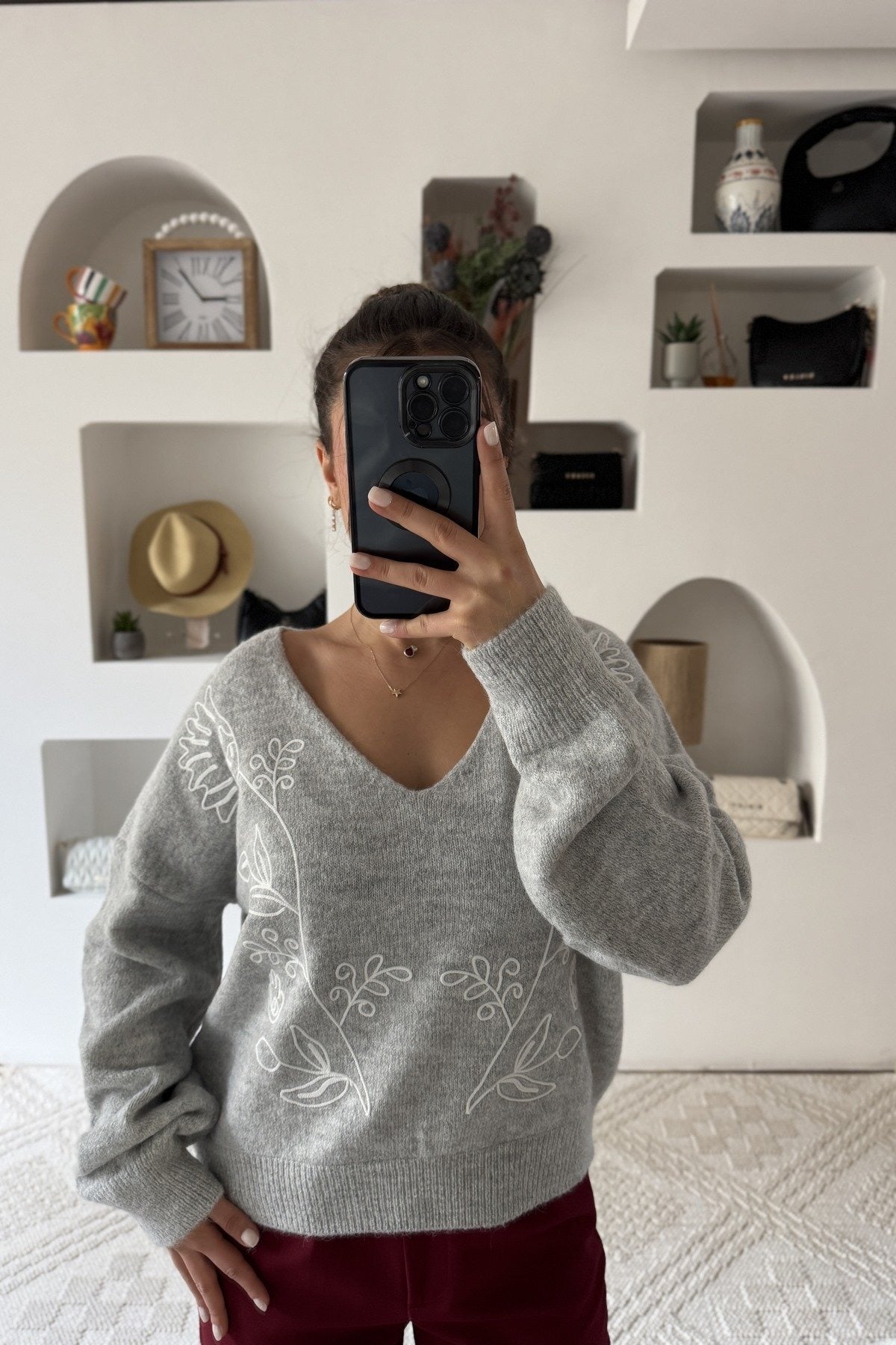 Grey Embroidered V Neck Pullover