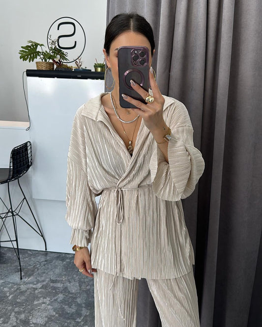 Beige Golden Pleated Kimono Set