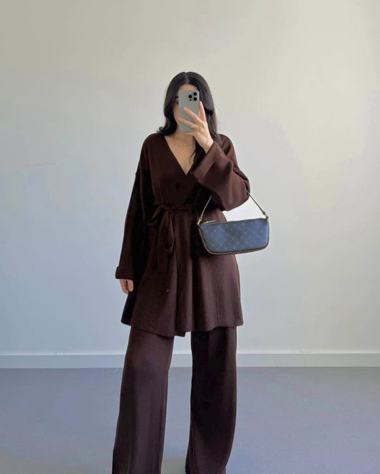 Chocolate Brown Triko Kimono Set With Belt