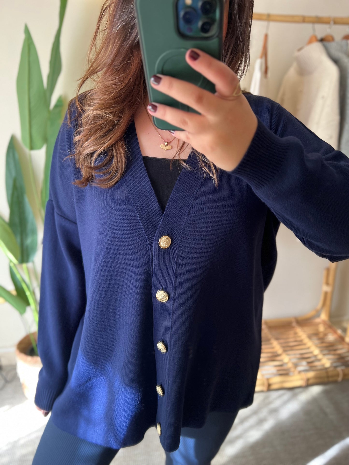 Navy Oversized Cardigan With Golden Buttons