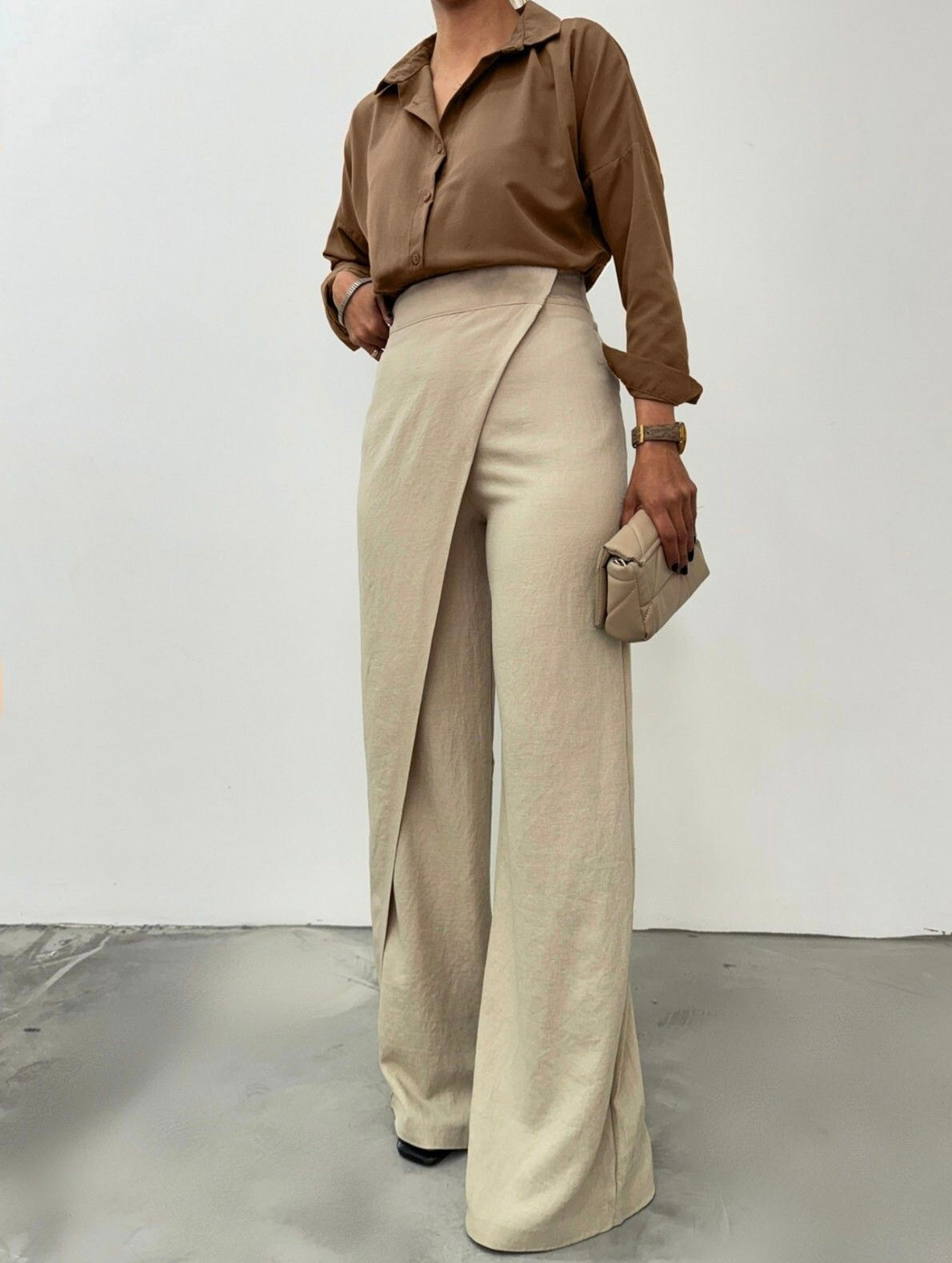 Beige Linen Wrapped Wide Leg Pants