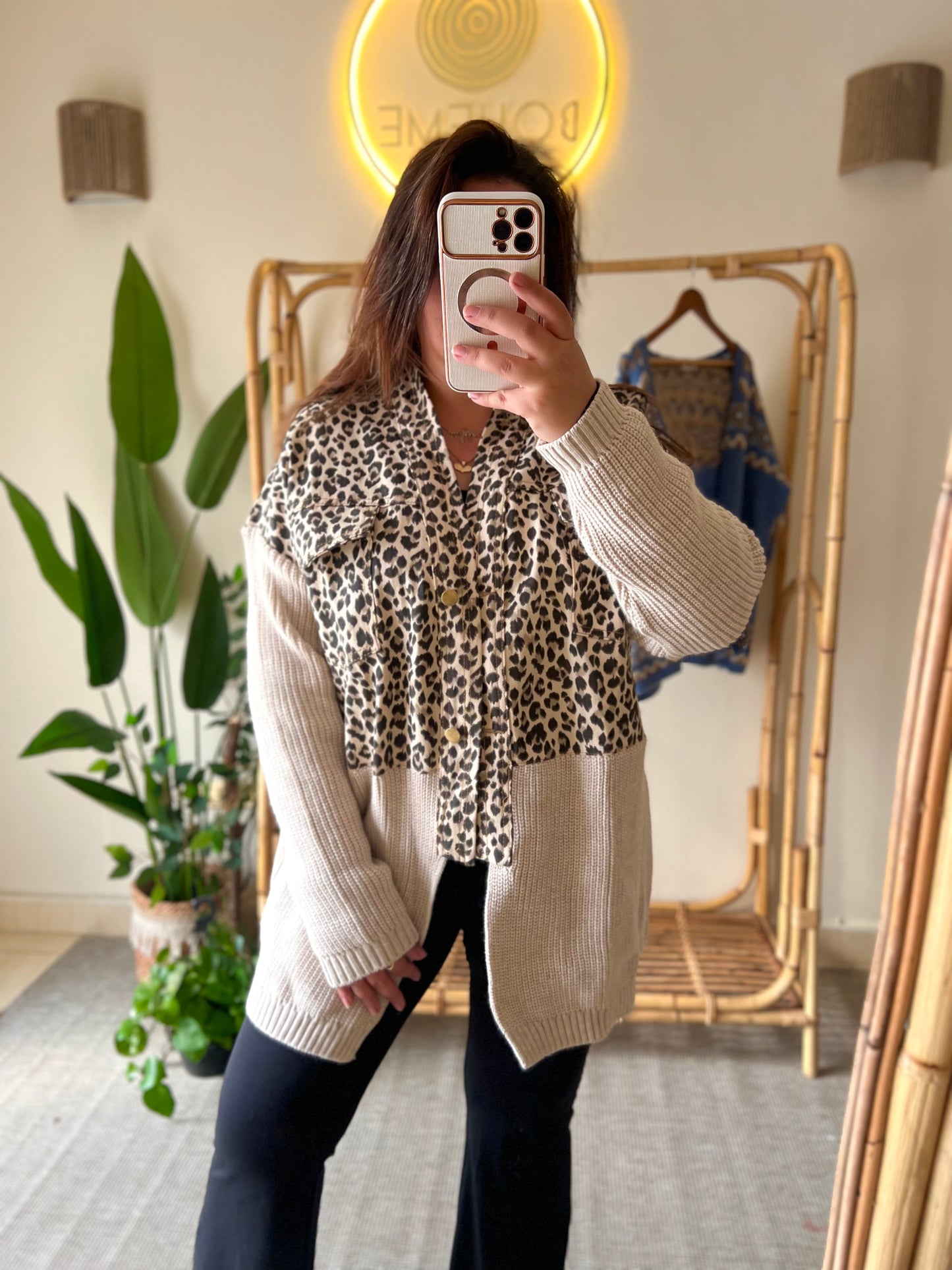 Denim X Triko Beige Leopard Jacket With Pockets