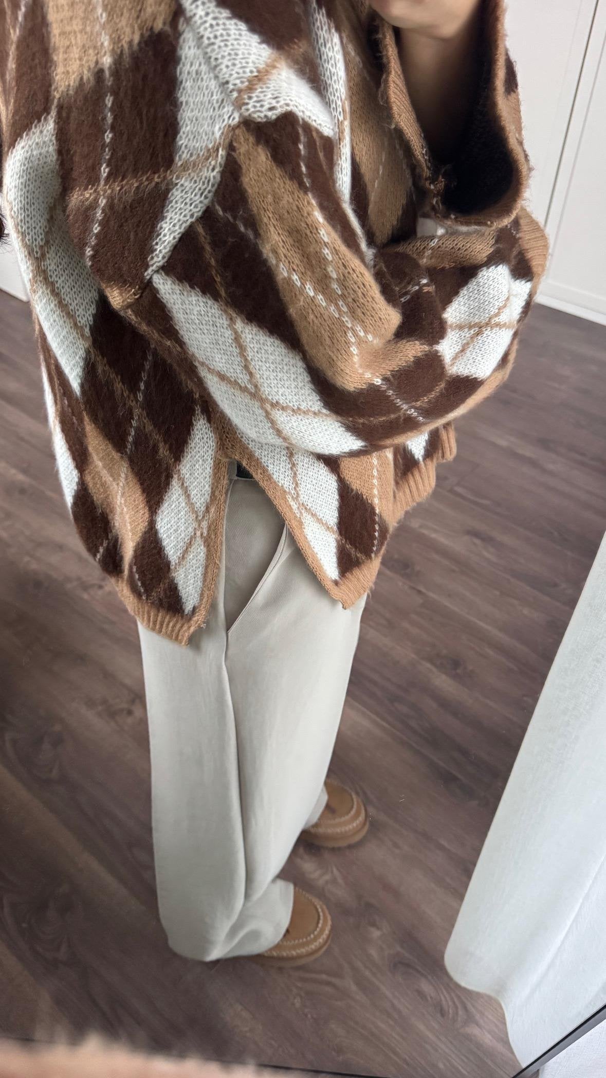 Brown X Beige Baklava Pullover With Slits