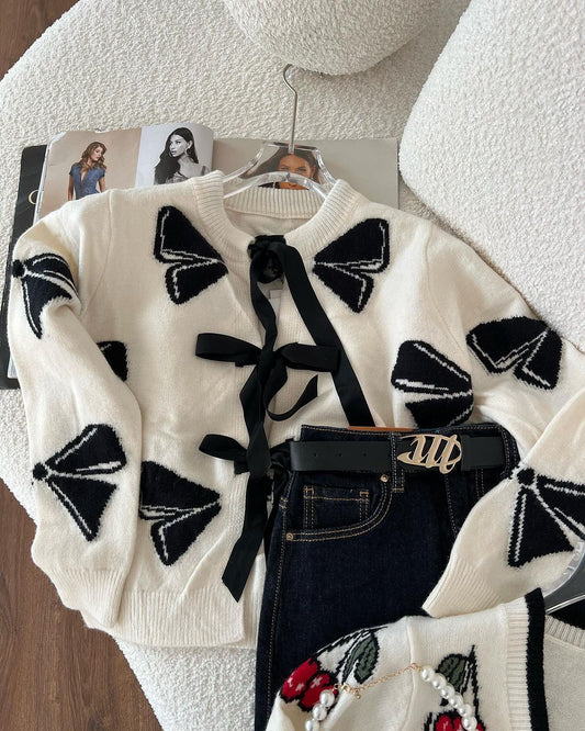 Off White Bow Cardigan With Front Ties