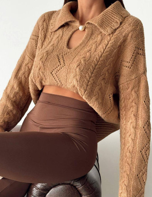 Camel Braided Pullover With Pearl Button