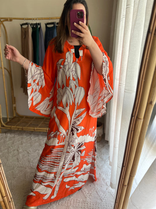 Orange Butterfly Sleeves Dress With Side Slits