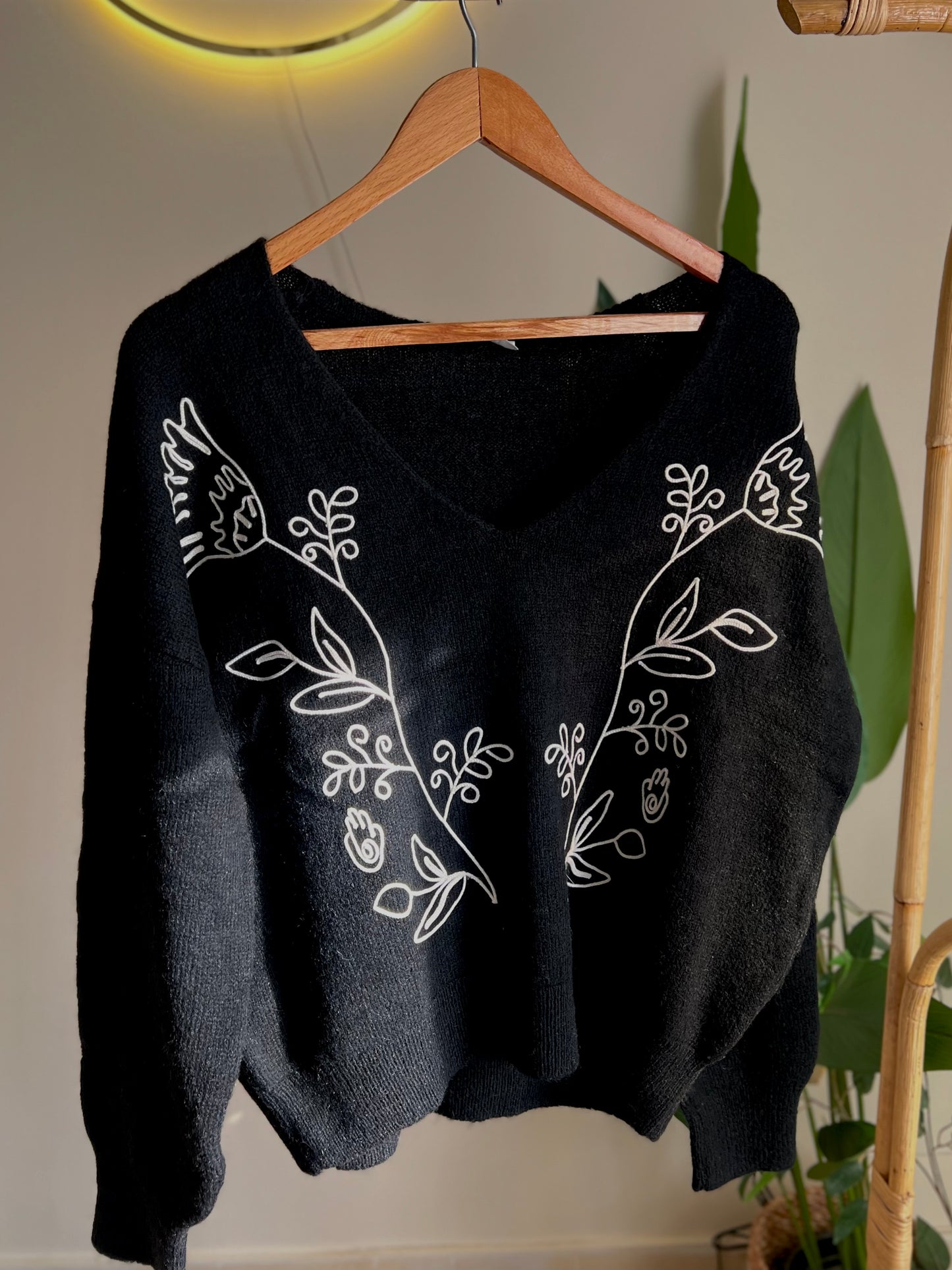 Black Embroidered V Neck Pullover