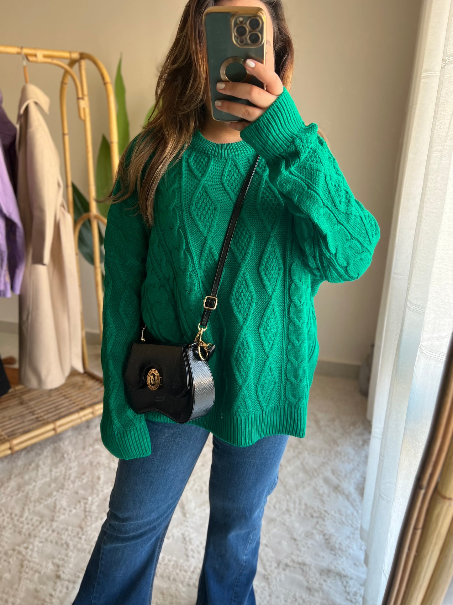 Green Braided Knitted Round Neck Pullover