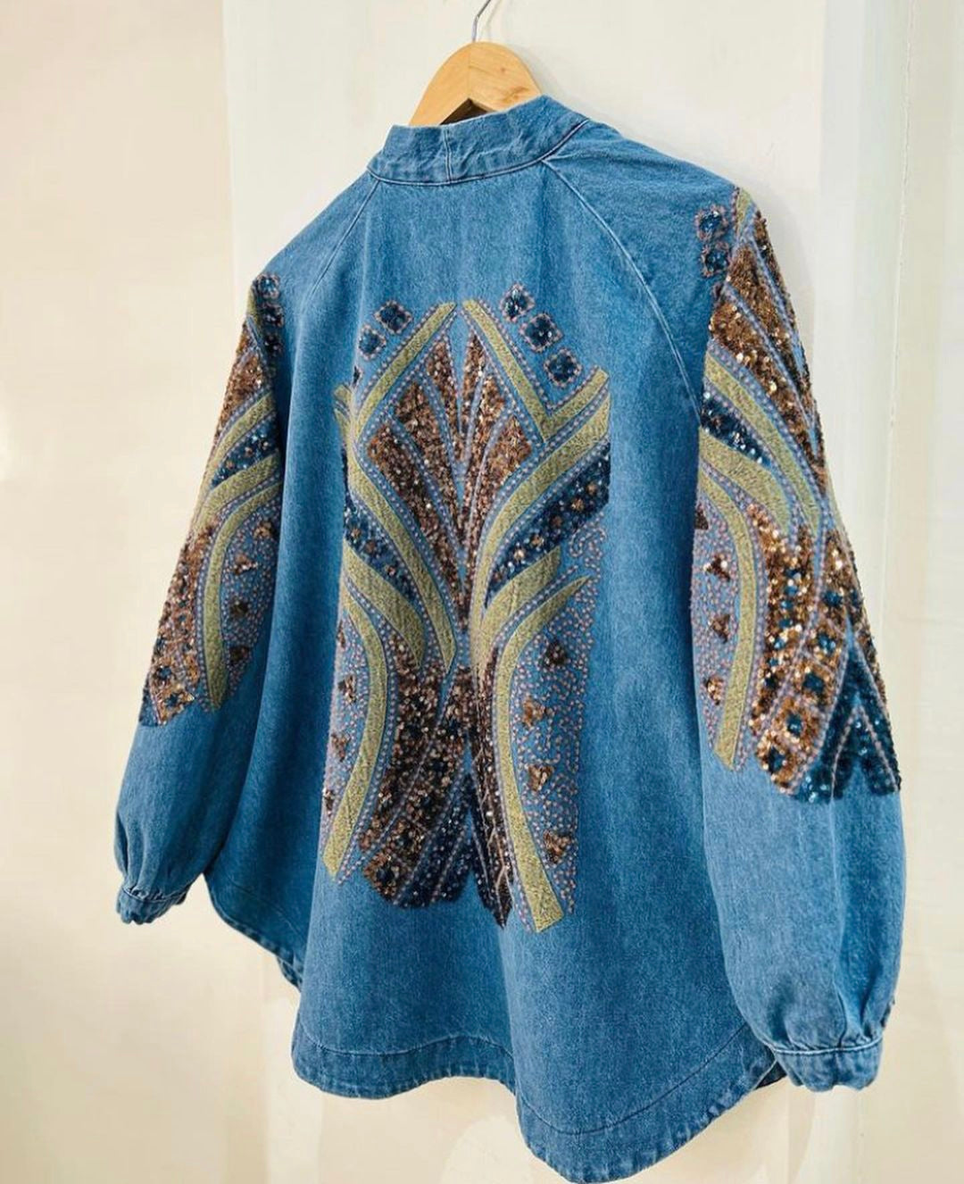 Light Blue Denim Embroidered Sequin Kimono