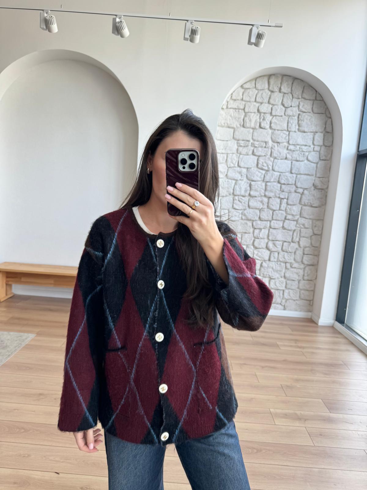 Burgundy Grey Rhombus Cardigan