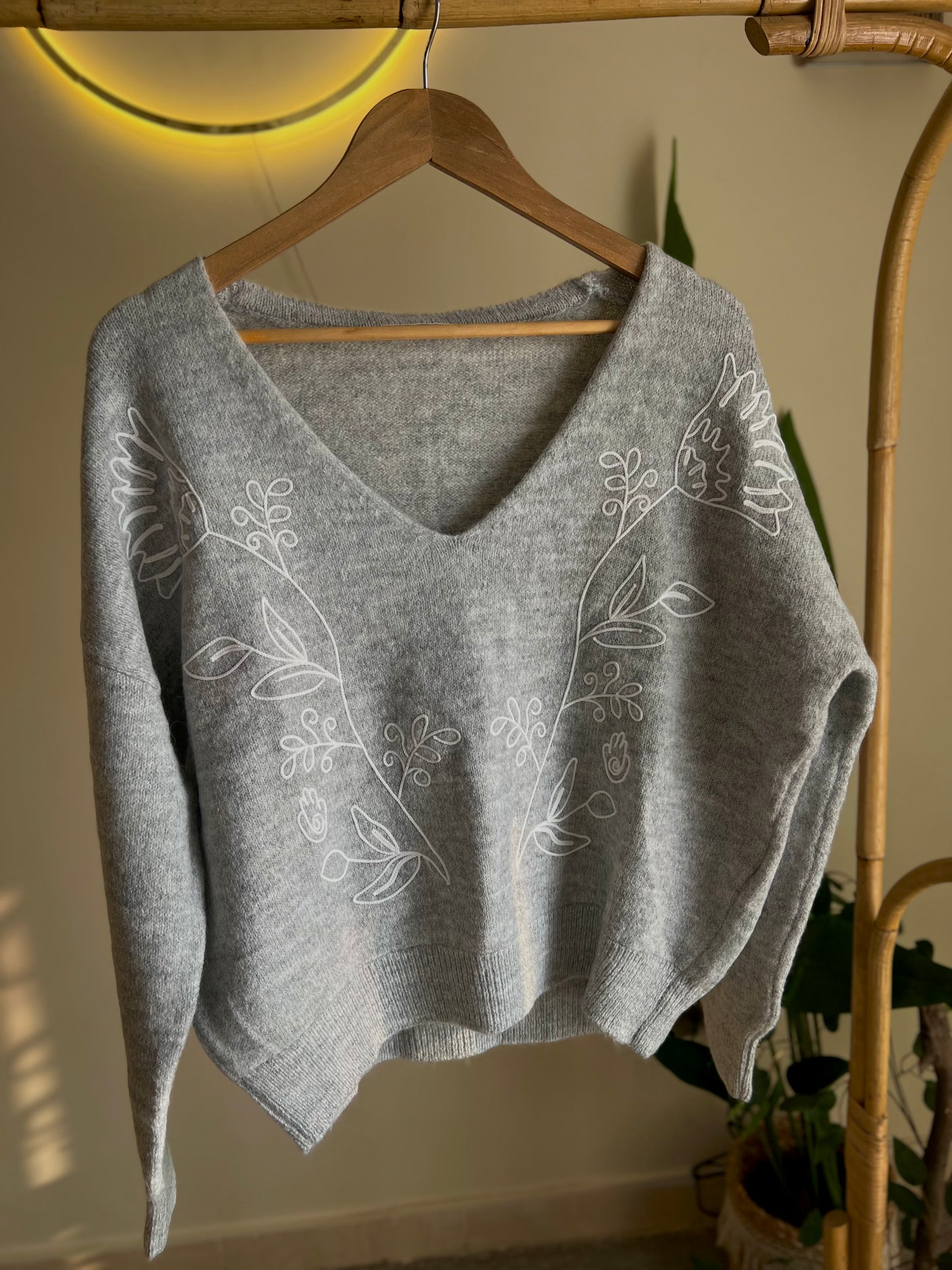 Grey Embroidered V Neck Pullover