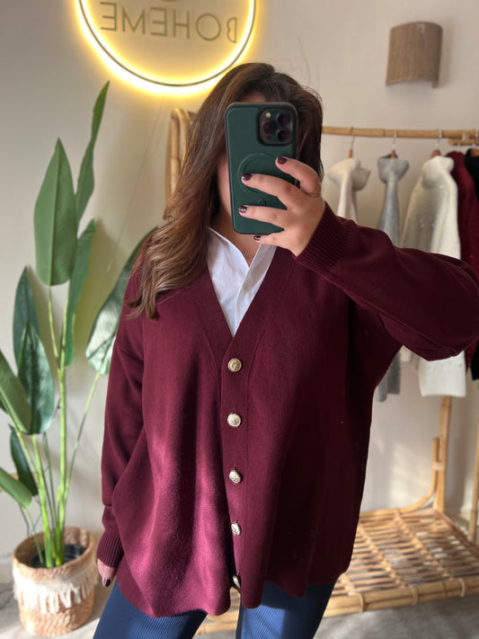 Burgundy Oversized Cardigan With Golden Buttons