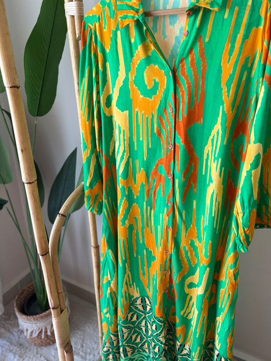 Orange X Green Painting Shirt Dress With Pockets