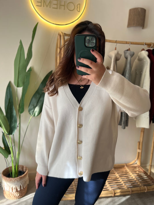 Cream Oversized Cardigan With Golden Buttons