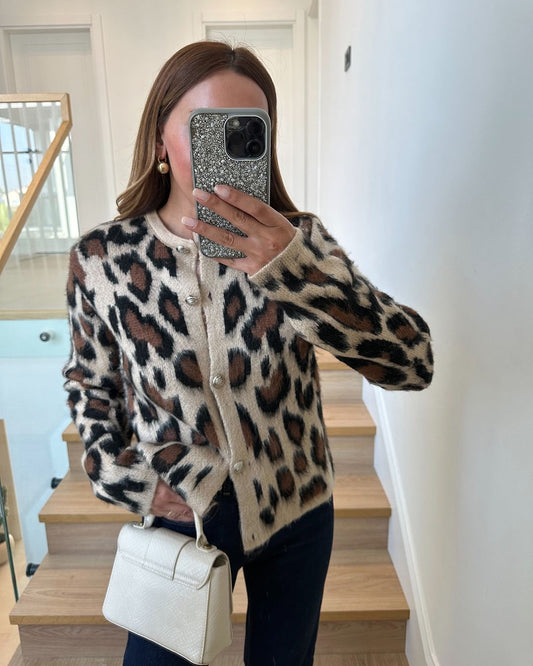 Leopard Beige Cardigan With Golden Buttons