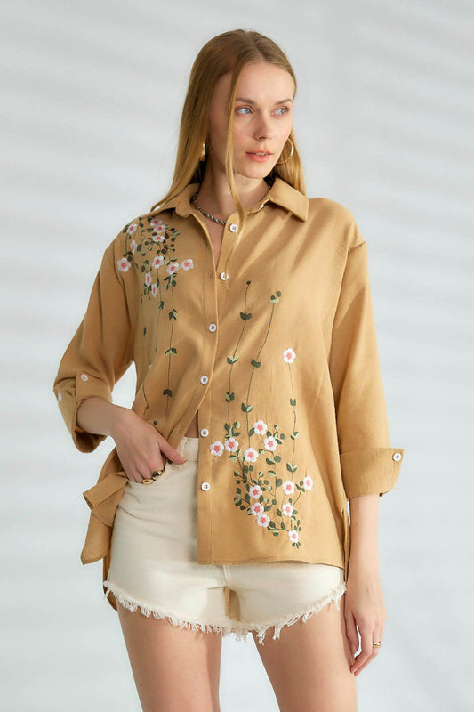 Beige Embroidered Blossoms Shirt